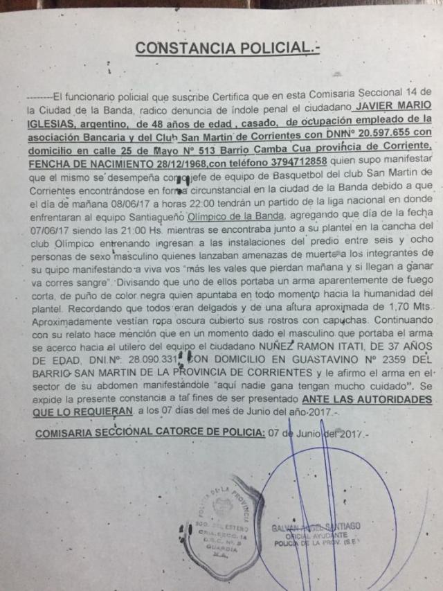 Amenazas al plantel de San Mart�n en La Banda